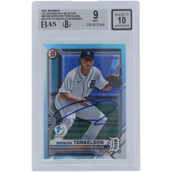 Spencer Torkelson Detroit Tigers Autographed 2021 Bowman 1st Edition Sky Blue Foil #BFE-96 Beckett Fanatics Witnessed Authenticated 9/10 Card