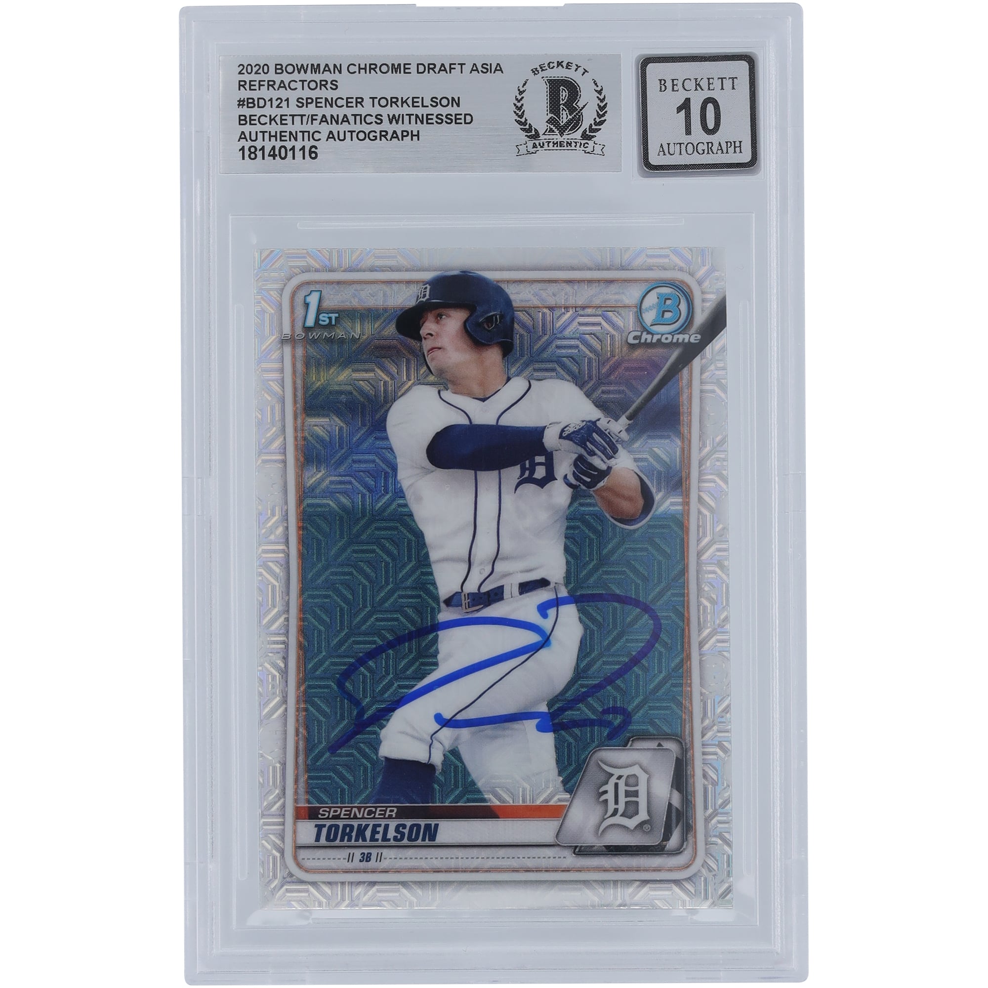 Spencer Torkelson Detroit Tigers Autographed 2020 Bowman Chrome Draft Asia Refractors #BD-121 Beckett Fanatics Witnessed Authenticated 10 Card