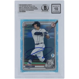 Spencer Torkelson Detroit Tigers Autographed 2020 Bowman Draft 1st Edition Sky Blue Foil #BD-121 Beckett Fanatics Witnessed Authenticated 10 Card