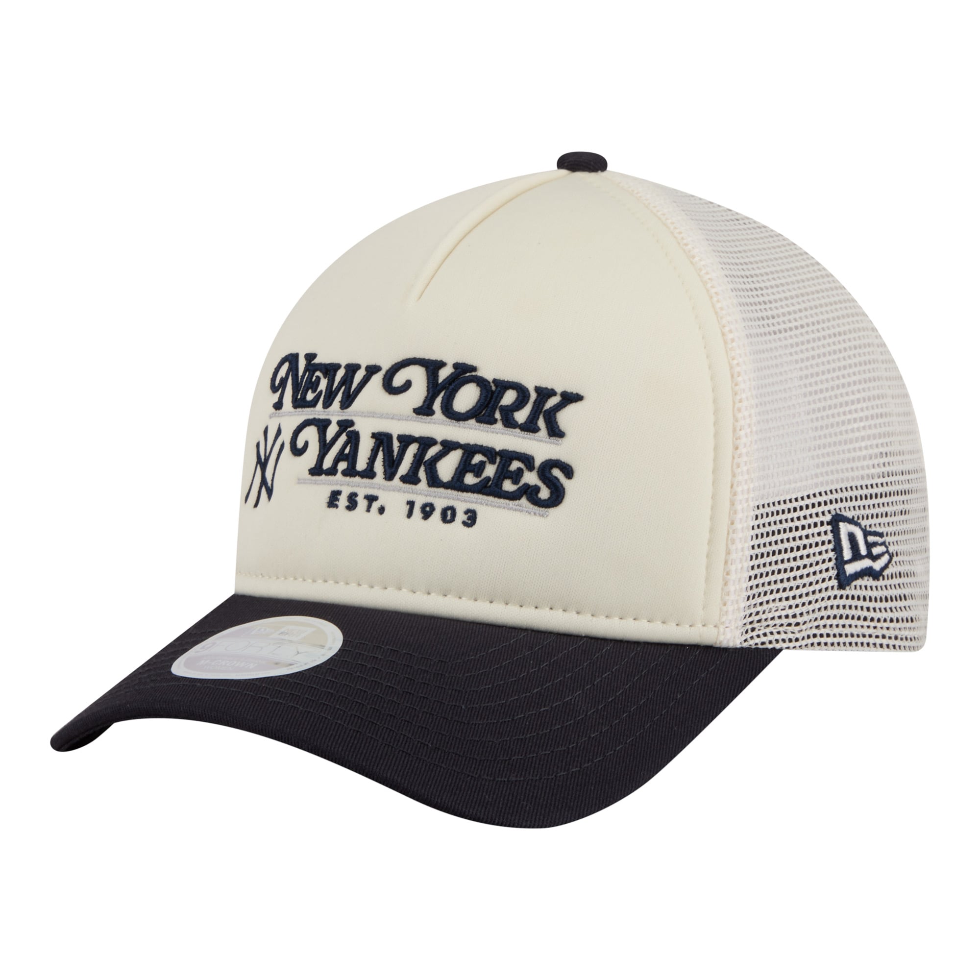 Women's New Era Light Beige/Navy New York Yankees Retro 9FORTY M-Crown A-Frame Trucker Adjustable Hat