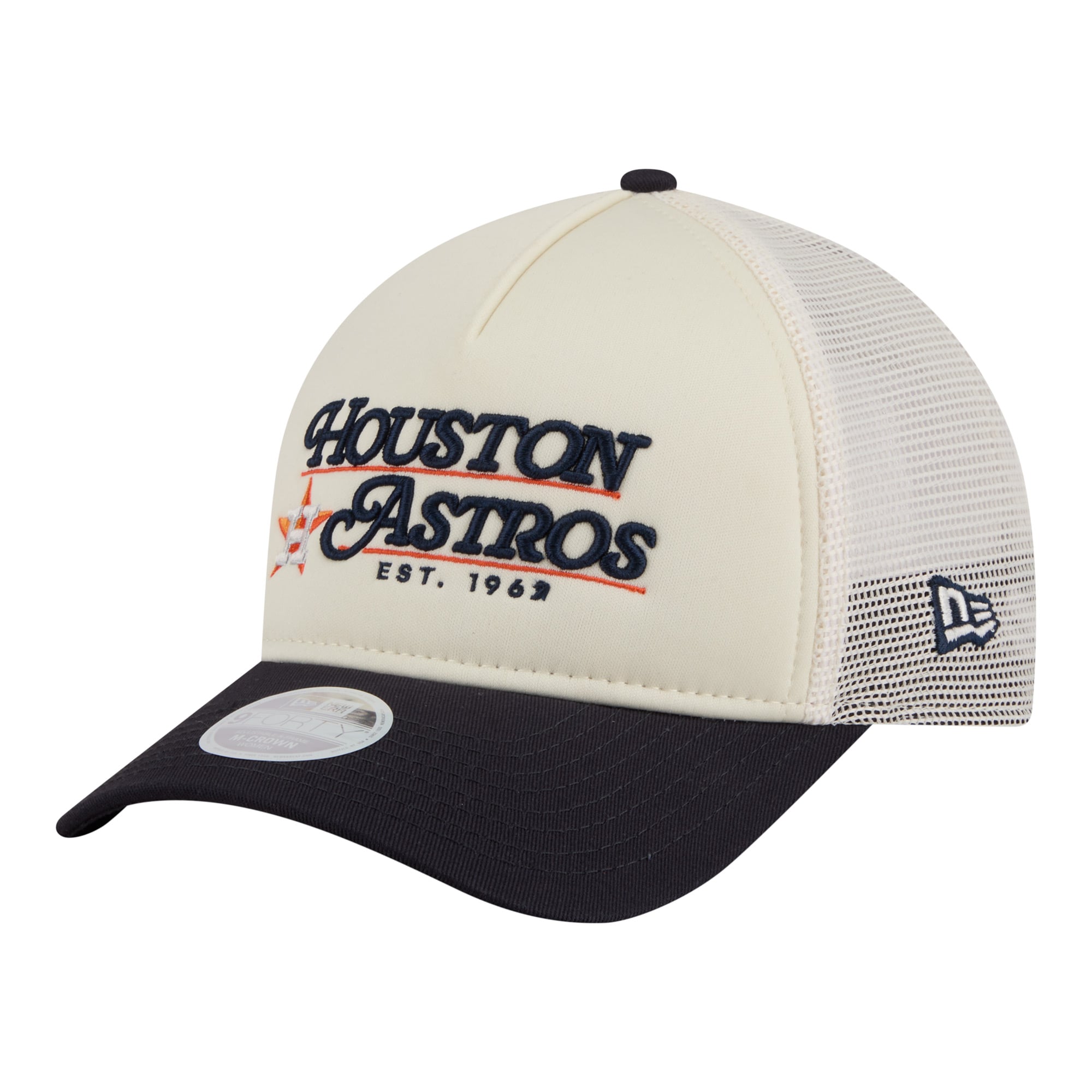 Women's New Era Light Beige/Navy Houston Astros Retro 9FORTY M-Crown A-Frame Trucker Adjustable Hat