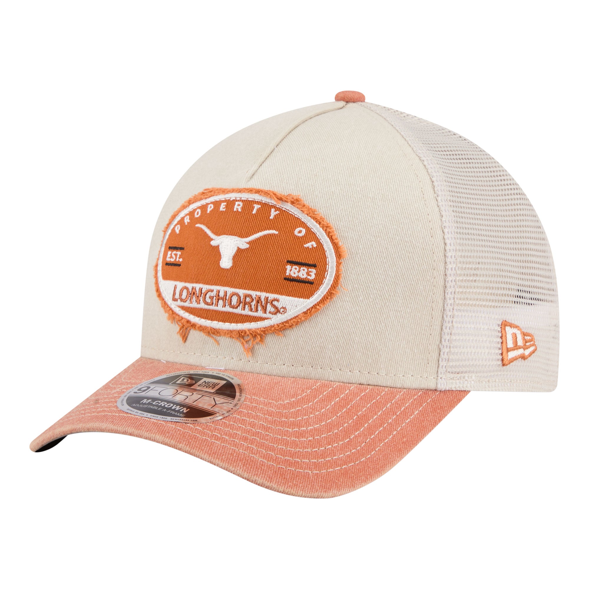 Men's New Era  Stone/Texas Orange Texas Longhorns Frayed Patch 9FORTY M-Crown A-Frame Trucker Adjustable Hat