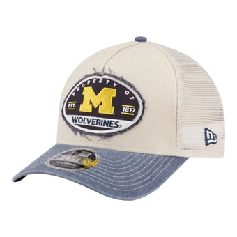 Men's New Era  Stone/Navy Michigan Wolverines Frayed Patch 9FORTY M-Crown A-Frame Trucker Adjustable Hat
