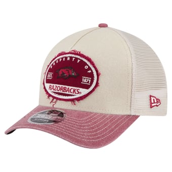 Men's New Era  Stone/Cardinal Arkansas Razorbacks Frayed Patch 9FORTY M-Crown A-Frame Trucker Adjustable Hat