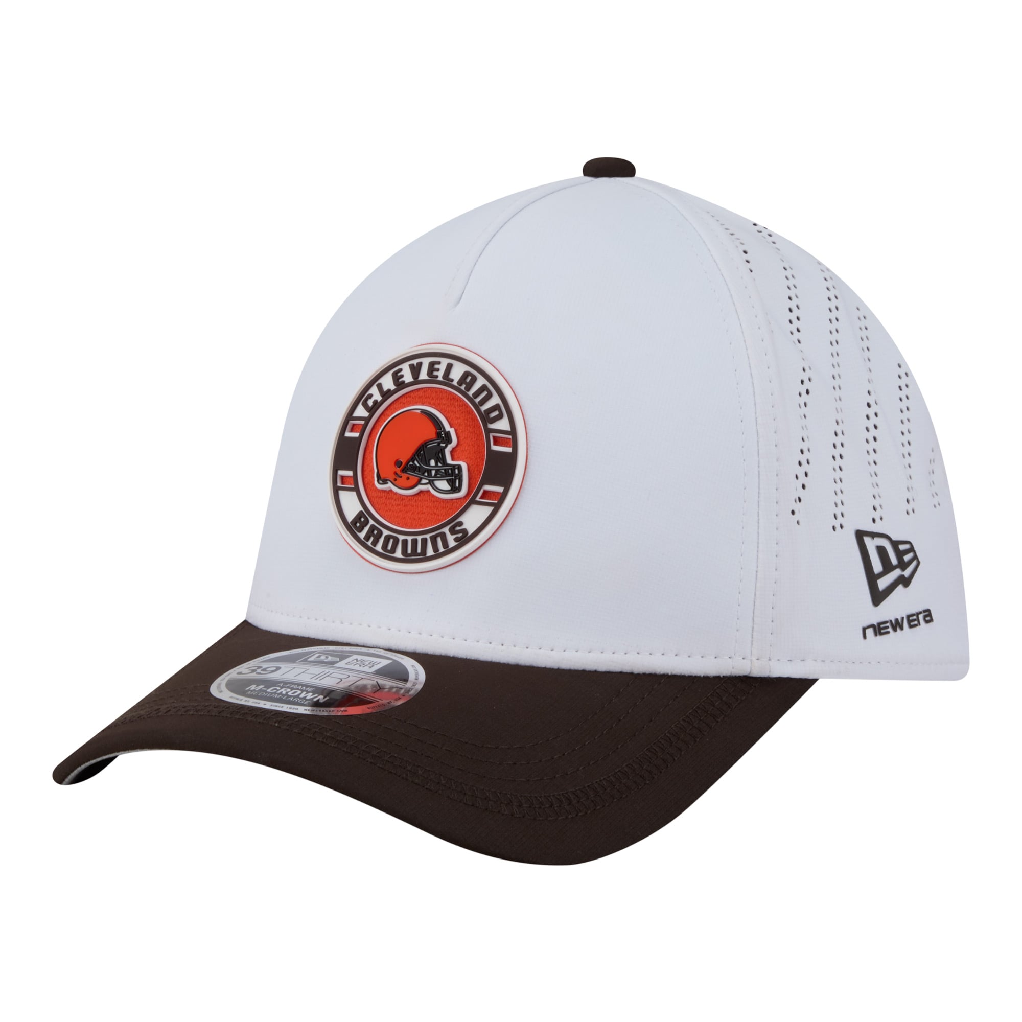 Men's New Era White/Brown Cleveland Browns Patch 39THIRTY A-Frame M-Crown Perforated Flex Hat