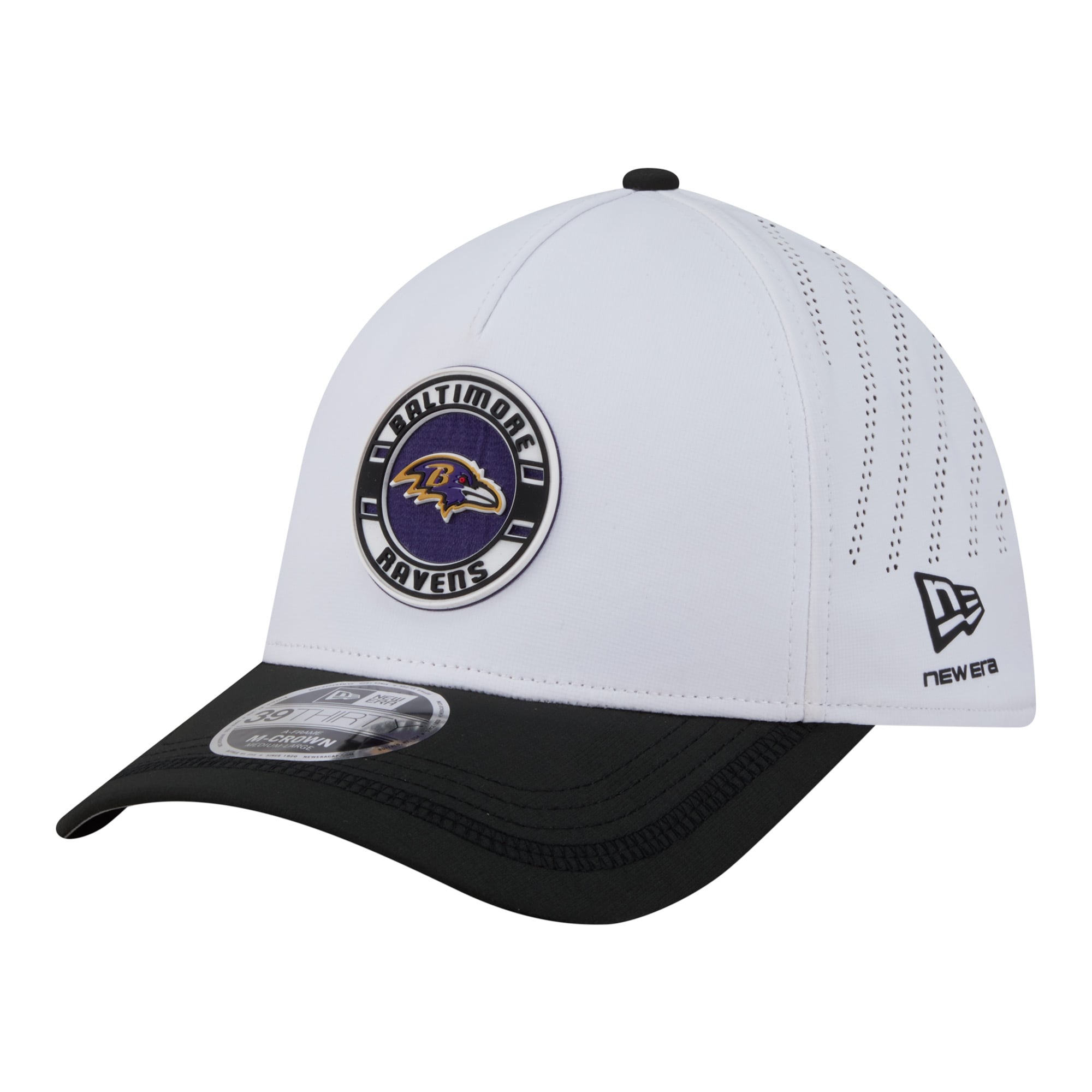Men's New Era White/Black Baltimore Ravens Patch 39THIRTY A-Frame M-Crown Perforated Flex Hat