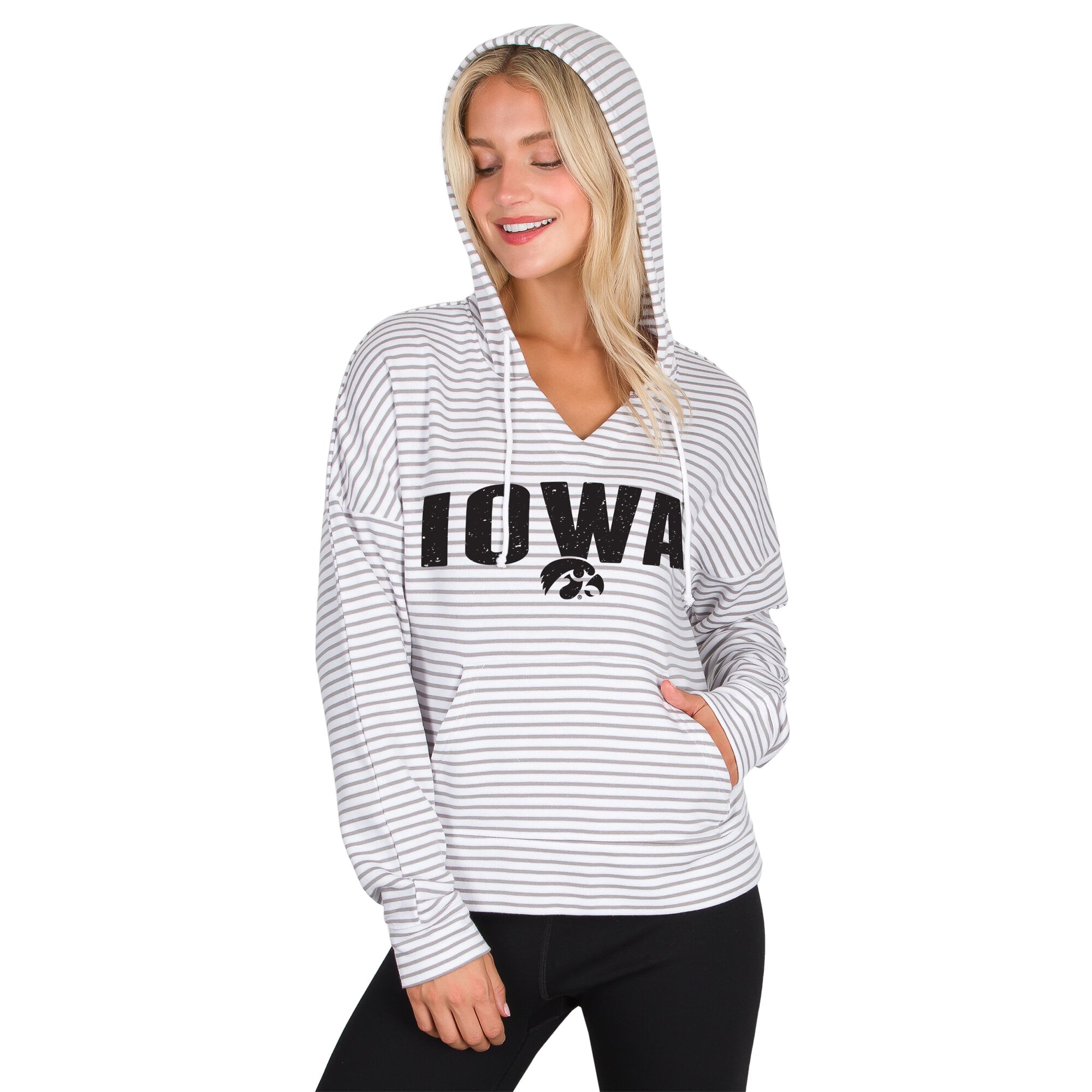 Men's Concepts Sport  White/Gray Iowa Hawkeyes French Terry Striped V-Neck Pullover Hoodie
