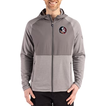 Men's Cutter & Buck Heather Gray Florida State Seminoles Peshastin Eco Fleece Recycled Raglan Full-Zip Tri-Blend Hybrid Jacket