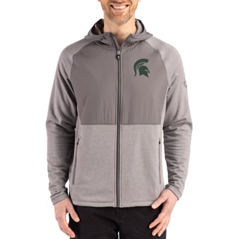 Men's Cutter & Buck Heather Gray Michigan State Spartans Peshastin Eco Fleece Recycled Raglan Full-Zip Tri-Blend Hybrid Jacket