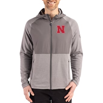 Men's Cutter & Buck Heather Gray Nebraska Huskers Peshastin Eco Fleece Recycled Raglan Full-Zip Tri-Blend Hybrid Jacket