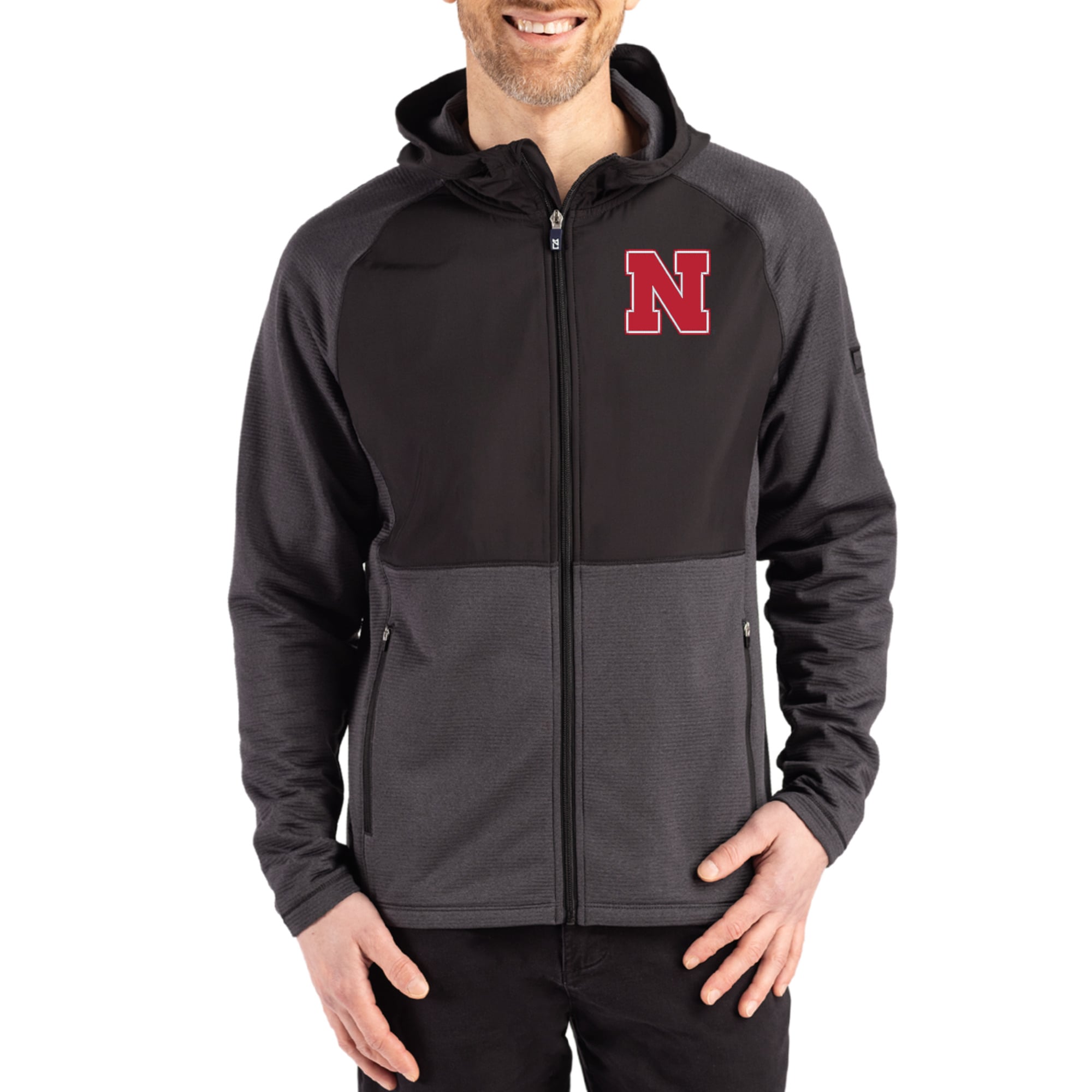 Men's Cutter & Buck Heather Black Nebraska Huskers Peshastin Eco Fleece Recycled Raglan Full-Zip Tri-Blend Hybrid Jacket