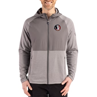 Men's Cutter & Buck Heather Gray Florida State Seminoles Peshastin Eco Fleece Recycled Raglan Full-Zip Tri-Blend Hybrid Jacket