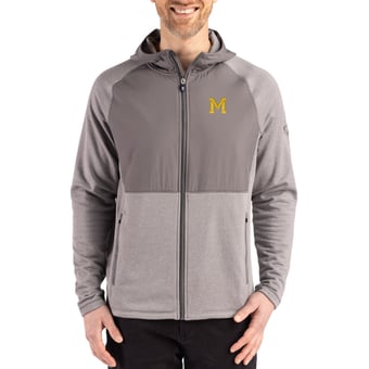 Men's Cutter & Buck Heather Gray Michigan Wolverines Peshastin Eco Fleece Recycled Raglan Full-Zip Tri-Blend Hybrid Jacket