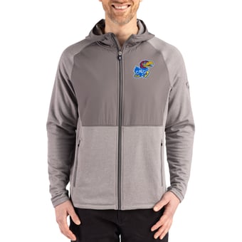 Men's Cutter & Buck Heather Gray Kansas Jayhawks Peshastin Eco Fleece Recycled Raglan Full-Zip Tri-Blend Hybrid Jacket