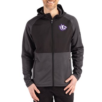 Men's Cutter & Buck Heather Black TCU Horned Frogs Peshastin Eco Fleece Recycled Raglan Full-Zip Tri-Blend Hybrid Jacket