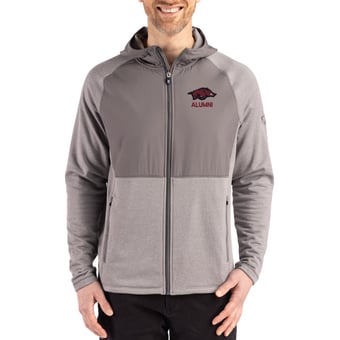 Men's Cutter & Buck Heather Gray Arkansas Razorbacks Peshastin Eco Fleece Recycled Raglan Full-Zip Tri-Blend Hybrid Jacket