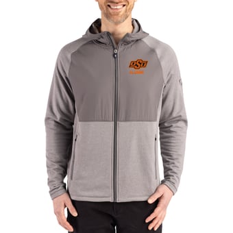 Men's Cutter & Buck Heather Gray Oklahoma State Cowboys Peshastin Eco Fleece Recycled Raglan Full-Zip Tri-Blend Hybrid Jacket
