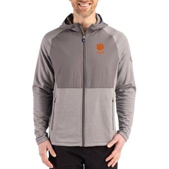 Men's Cutter & Buck Heather Gray Clemson Tigers Peshastin Eco Fleece Recycled Raglan Full-Zip Tri-Blend Hybrid Jacket