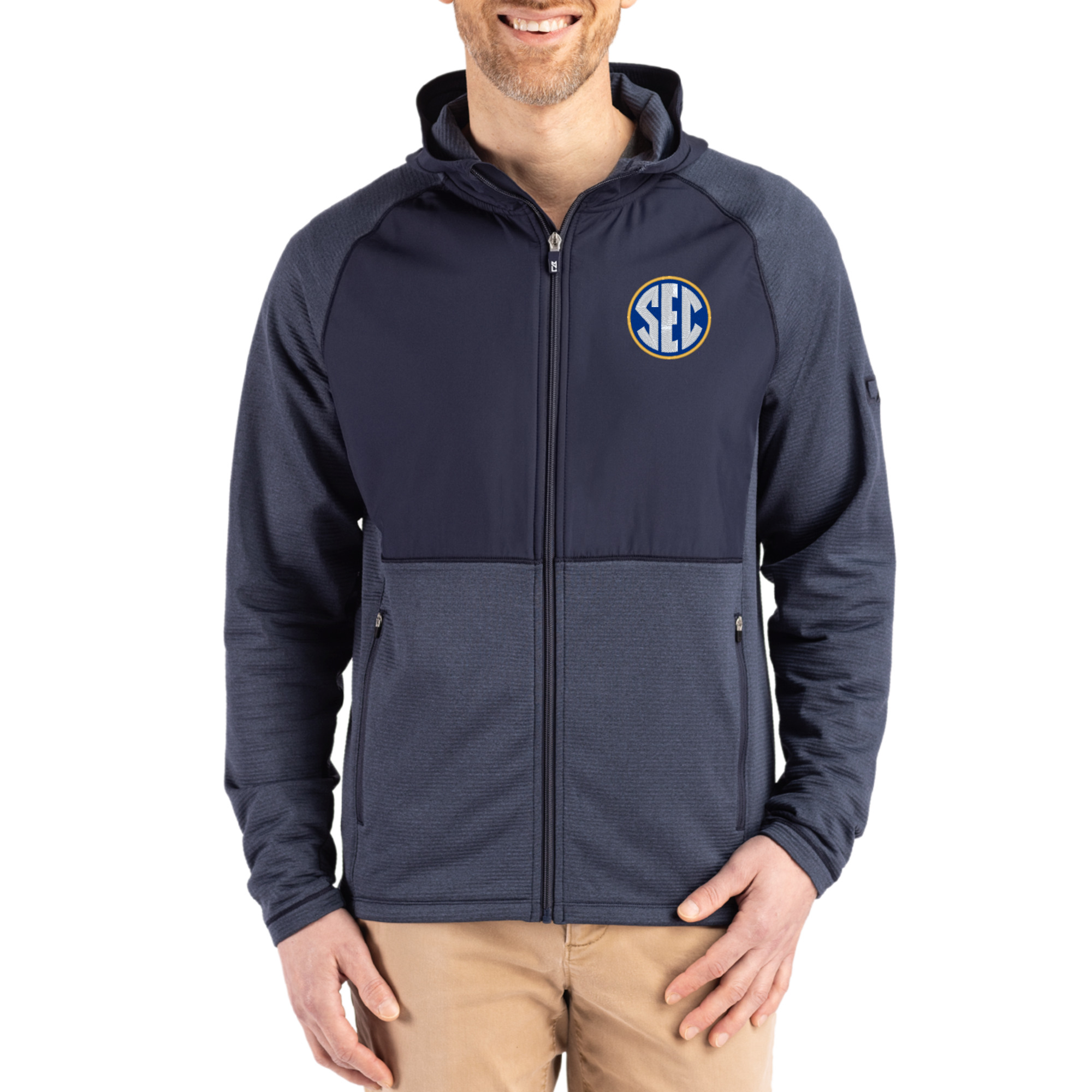 Men’s Cutter & Buck Heather Navy SEC Peshastin Eco Fleece Recycled Raglan Full-Zip Tri-Blend Hybrid Jacket Men’s Cutter & Buck Heather Navy SEC Peshastin Eco Fleece Recycled Raglan Full-Zip Tri-Blend Hybrid Jacket