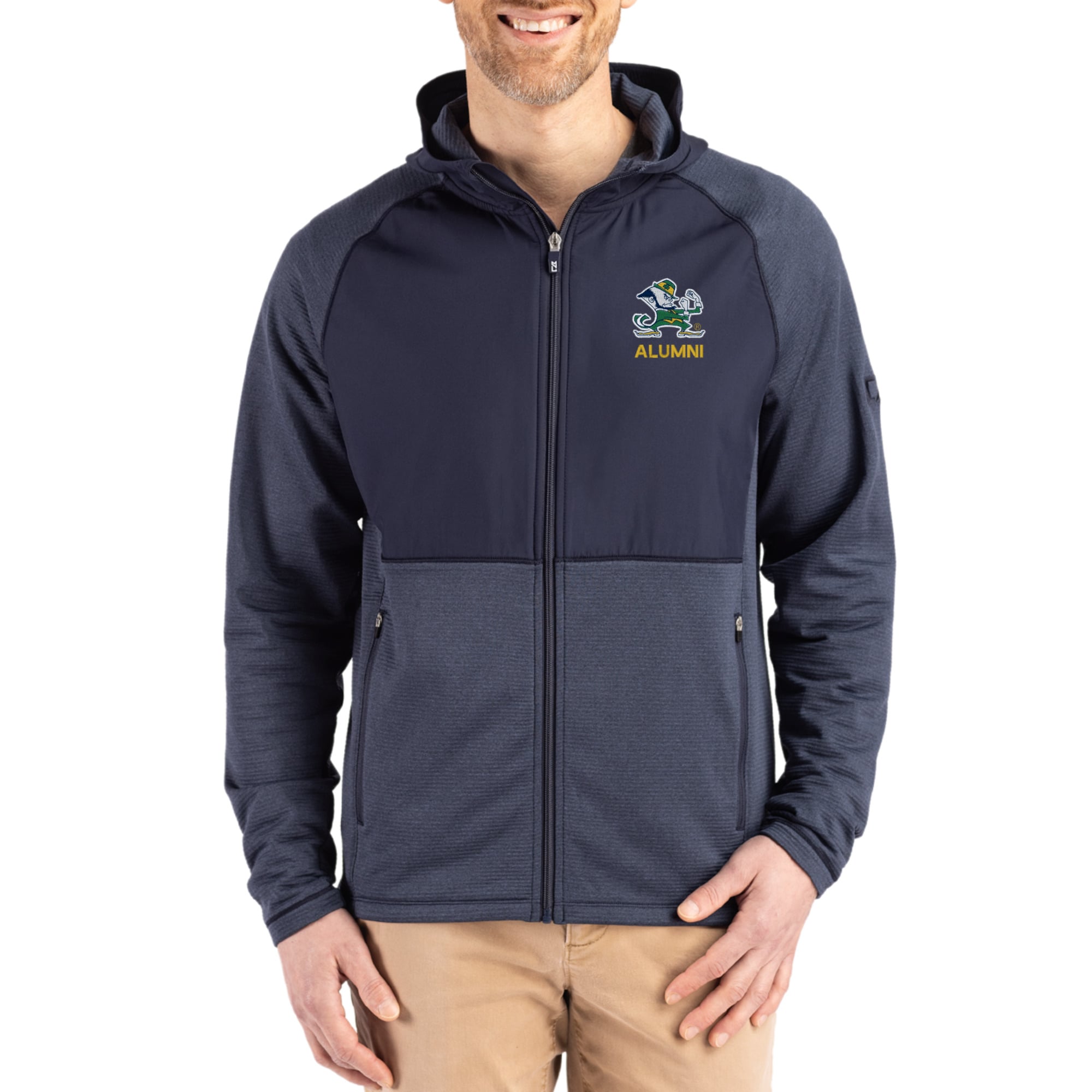 Men's Cutter & Buck Heather Navy Notre Dame Fighting Irish Peshastin Eco Fleece Recycled Raglan Full-Zip Tri-Blend Hybrid Jacket