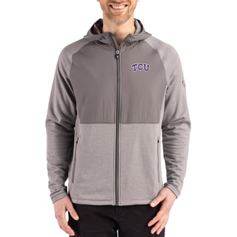 Men's Cutter & Buck Heather Gray TCU Horned Frogs Peshastin Eco Fleece Recycled Raglan Full-Zip Tri-Blend Hybrid Jacket