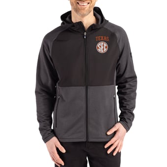 Men's Cutter & Buck Heather Black Texas Longhorns Peshastin Eco Fleece Recycled Raglan Full-Zip Tri-Blend Hybrid Jacket