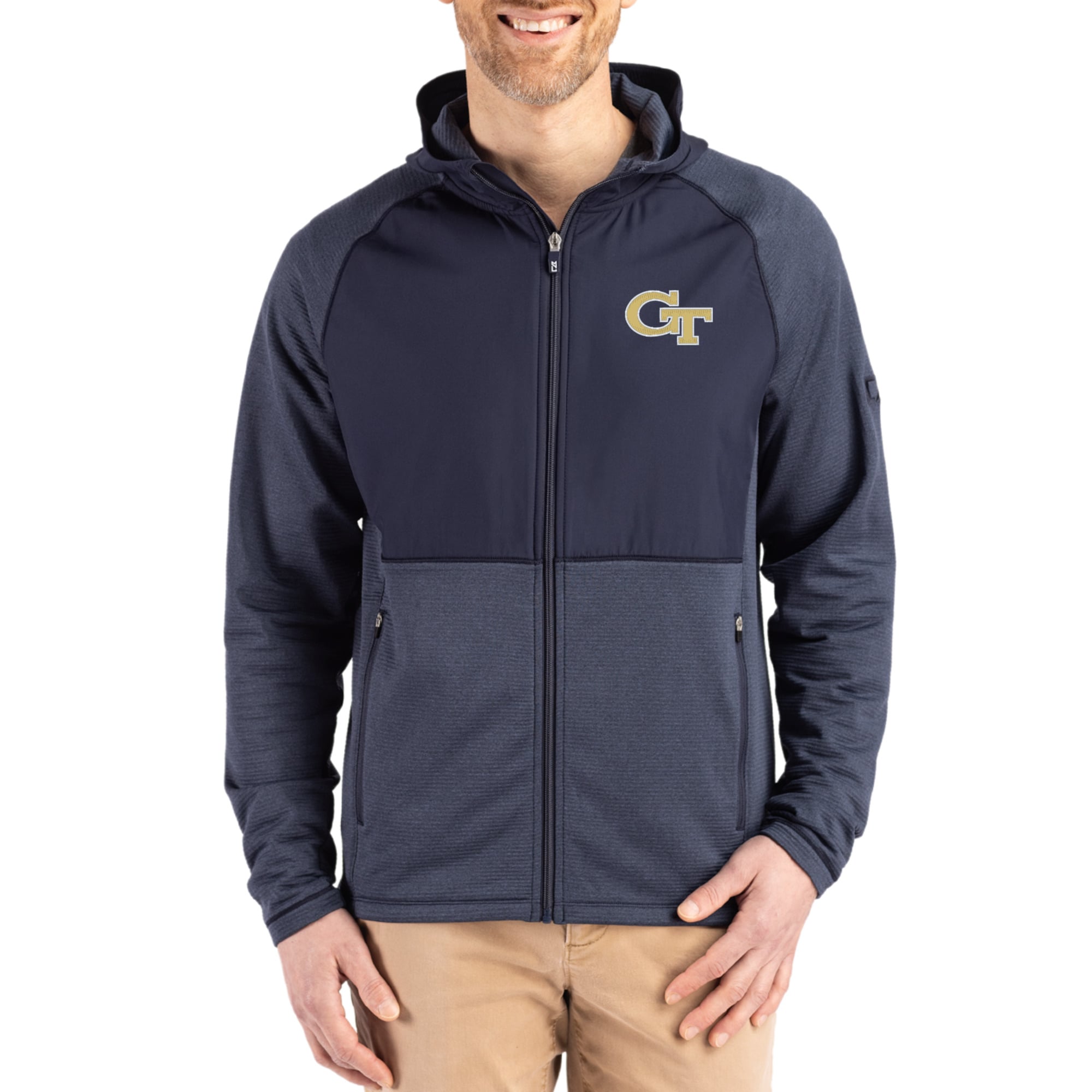 Men's Cutter & Buck Heather Navy Georgia Tech Yellow Jackets Peshastin Eco Fleece Recycled Raglan Full-Zip Tri-Blend Hybrid Jacket