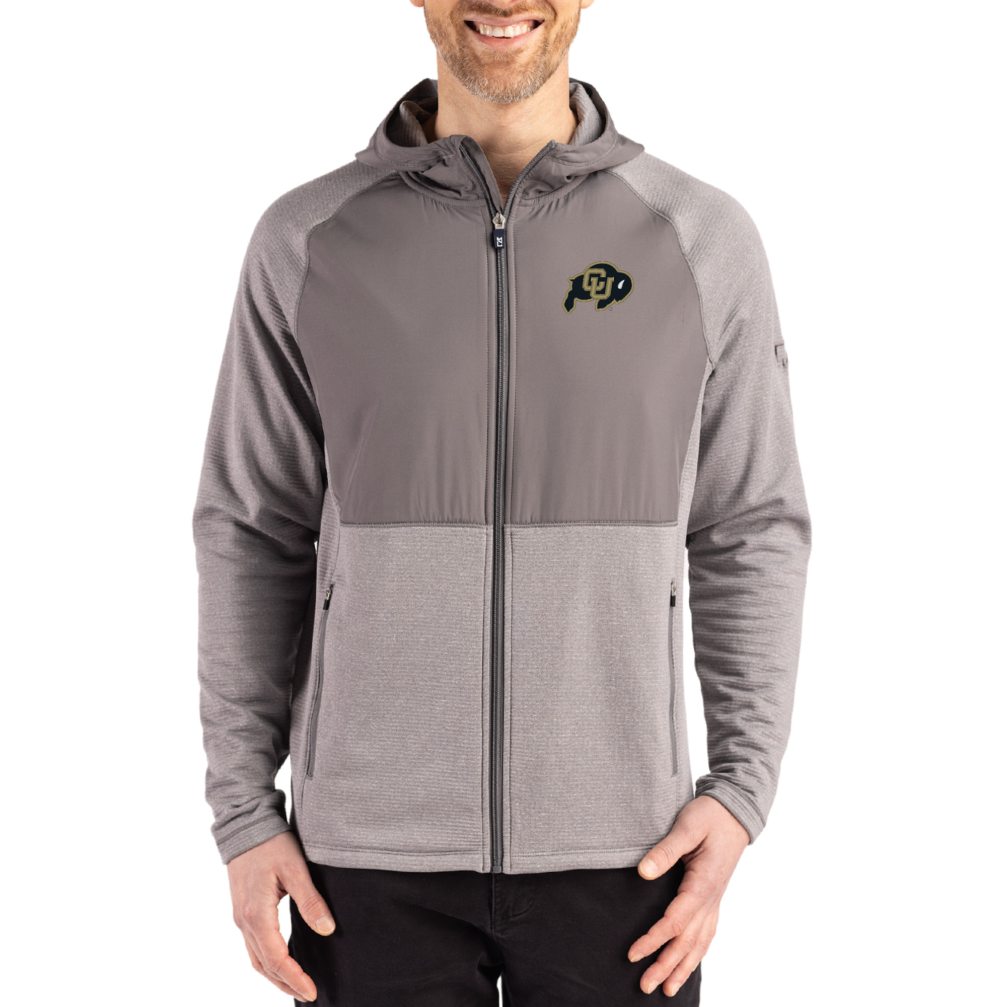 Men’s Cutter & Buck Heather Gray Colorado Buffaloes Peshastin Eco Fleece Recycled Raglan Full-Zip Tri-Blend Hybrid Jacket Men’s Cutter & Buck Heather Gray Colorado Buffaloes Peshastin Eco Fleece Recycled Raglan Full-Zip Tri-Blend Hybrid Jacket