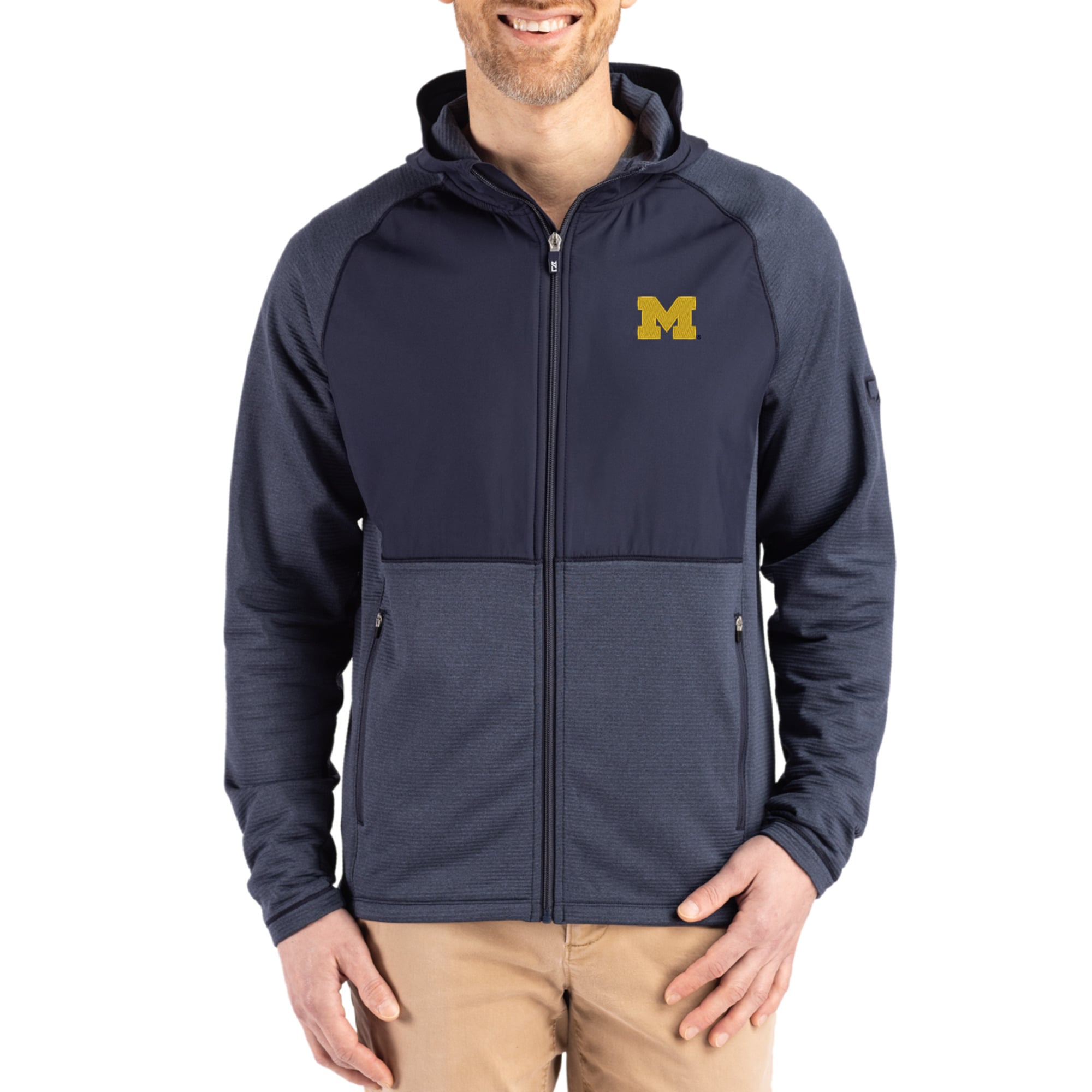 Men's Cutter & Buck Heather Navy Michigan Wolverines Peshastin Eco Fleece Recycled Raglan Full-Zip Tri-Blend Hybrid Jacket