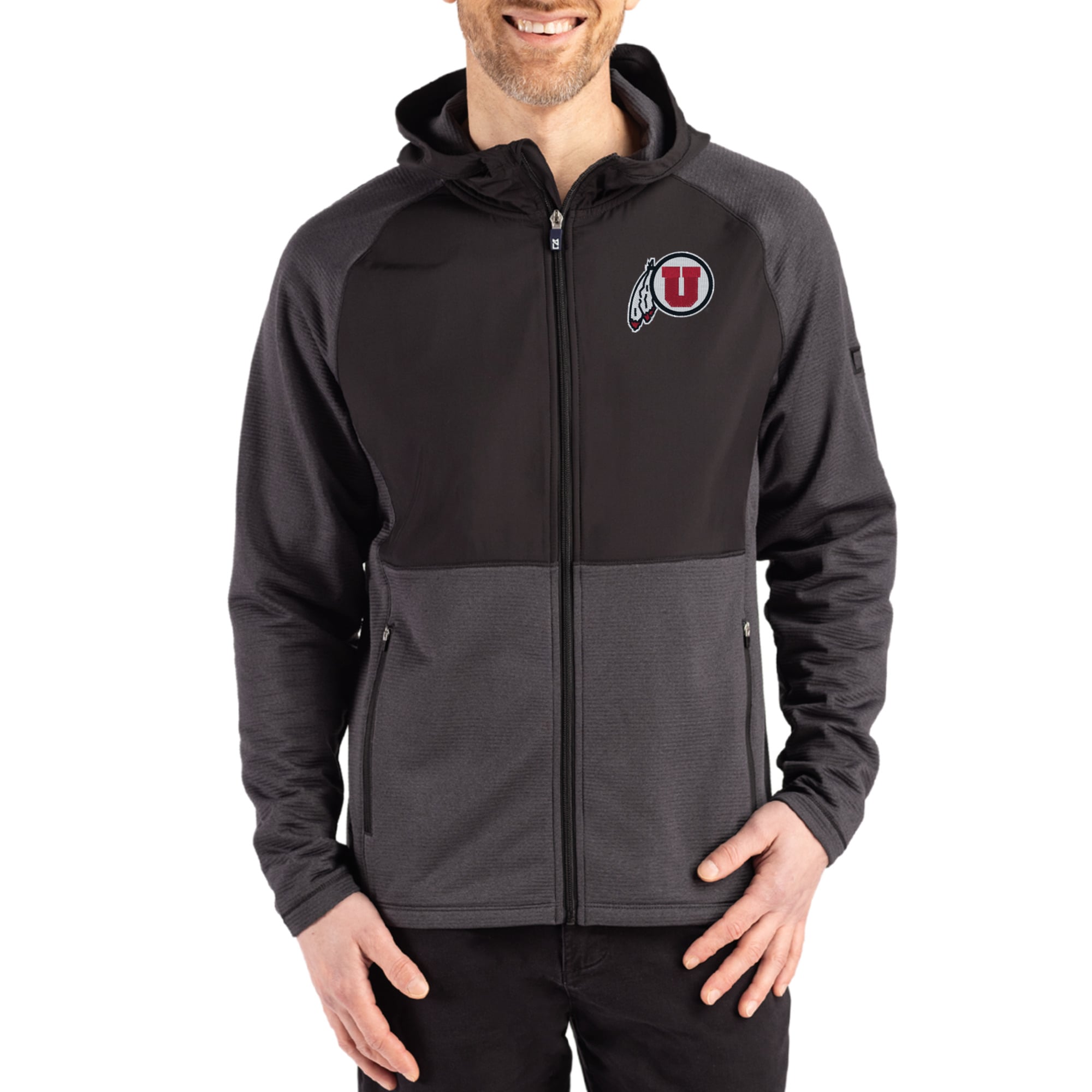 Men's Cutter & Buck Heather Black Utah Utes Peshastin Eco Fleece Recycled Raglan Full-Zip Tri-Blend Hybrid Jacket
