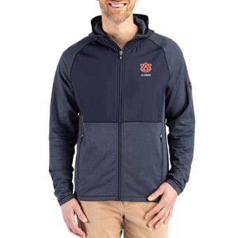 Men's Cutter & Buck Heather Navy Auburn Tigers Peshastin Eco Fleece Recycled Raglan Full-Zip Tri-Blend Hybrid Jacket