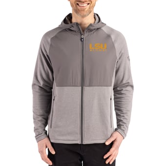Men's Cutter & Buck Heather Gray LSU Tigers Peshastin Eco Fleece Recycled Raglan Full-Zip Tri-Blend Hybrid Jacket