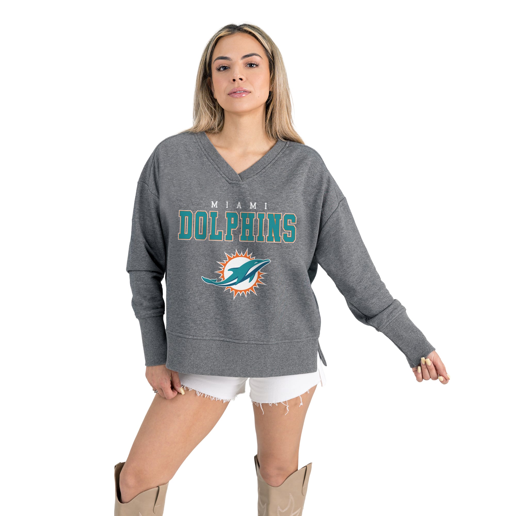 Women's Gameday Couture Gray Miami Dolphins French Terry V-Neck Pullover Sweatshirt