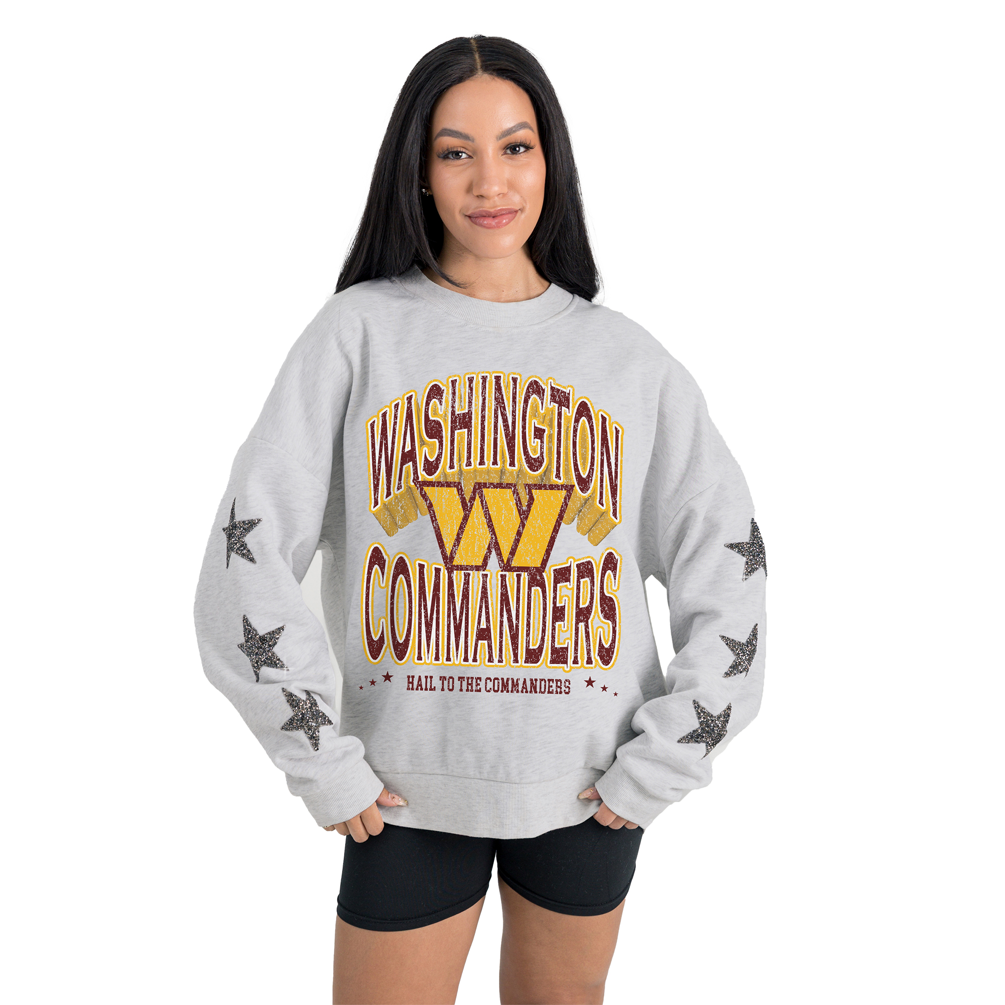 Women's Gameday Couture  Ash Washington Commanders Resilience Relaxed Rhinestone Pullover Sweatshirt
