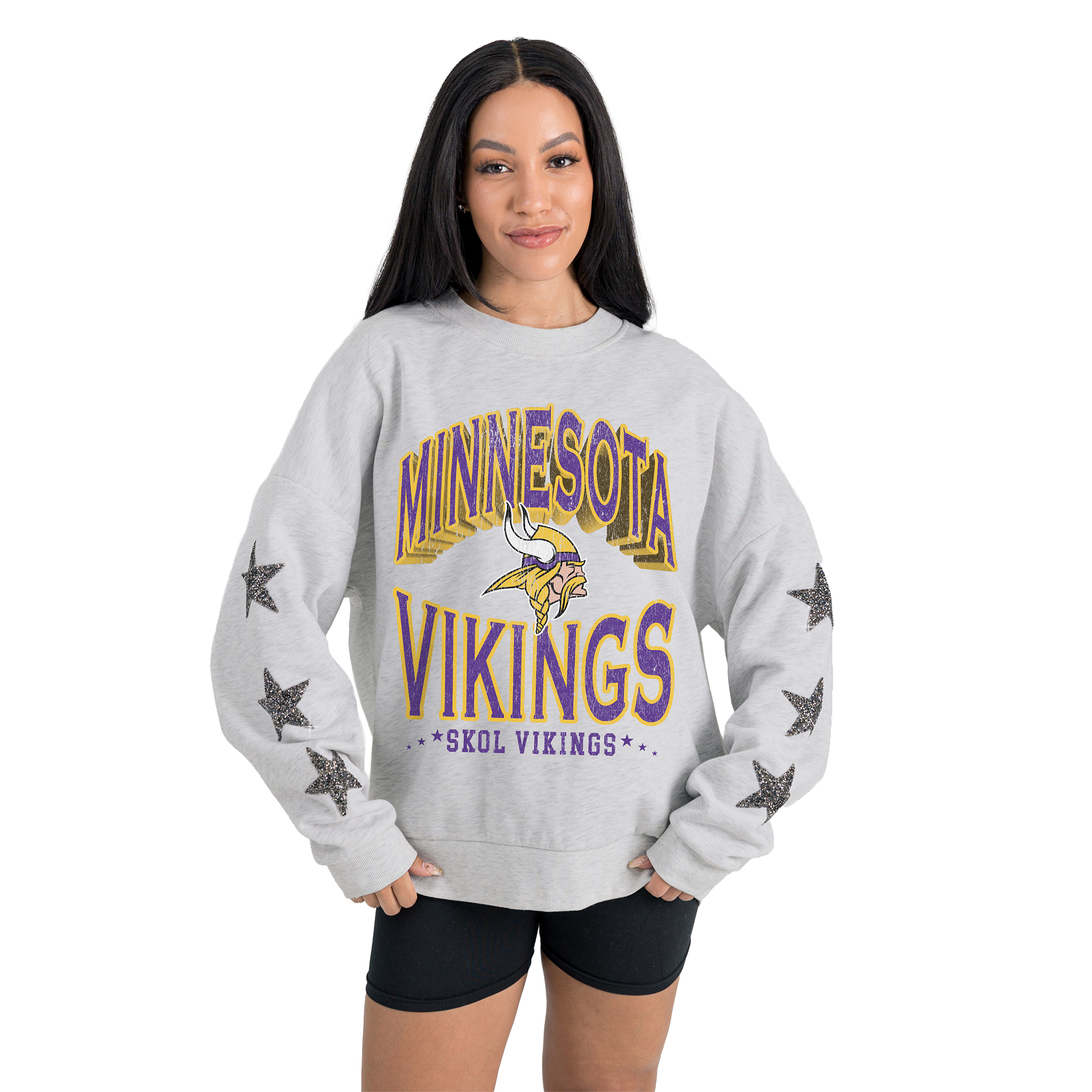 Gameday Couture Women's Ash Minnesota Vikings Resilience Relaxed Rhinestone Pullover Sweatshirt - Ash