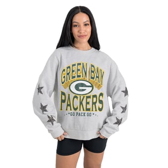 Women's Gameday Couture  Ash Green Bay Packers Resilience Relaxed Rhinestone Pullover Sweatshirt