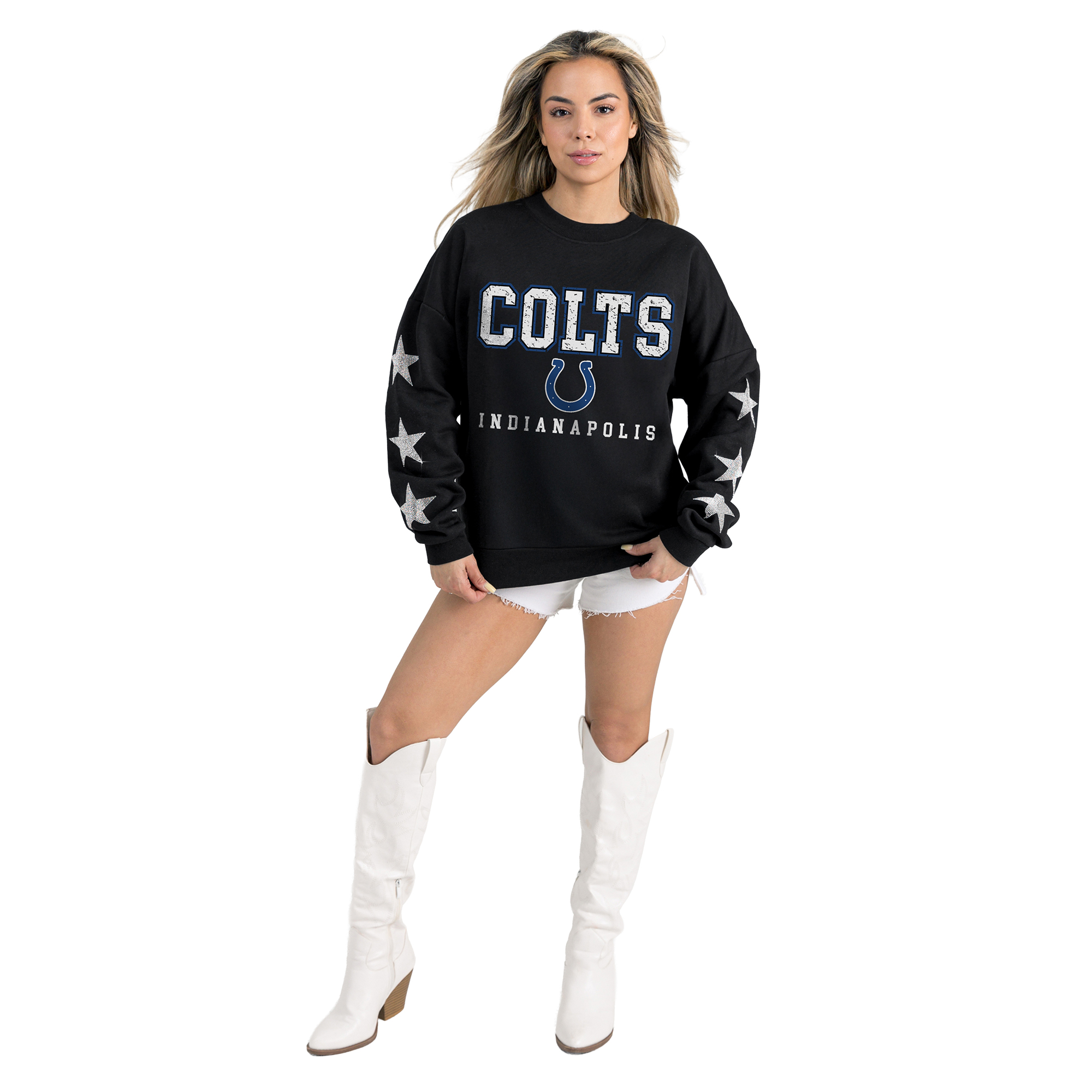 Women's Gameday Couture Black Indianapolis Colts Velocity Relaxed Rhinestone Pullover Sweatshirt