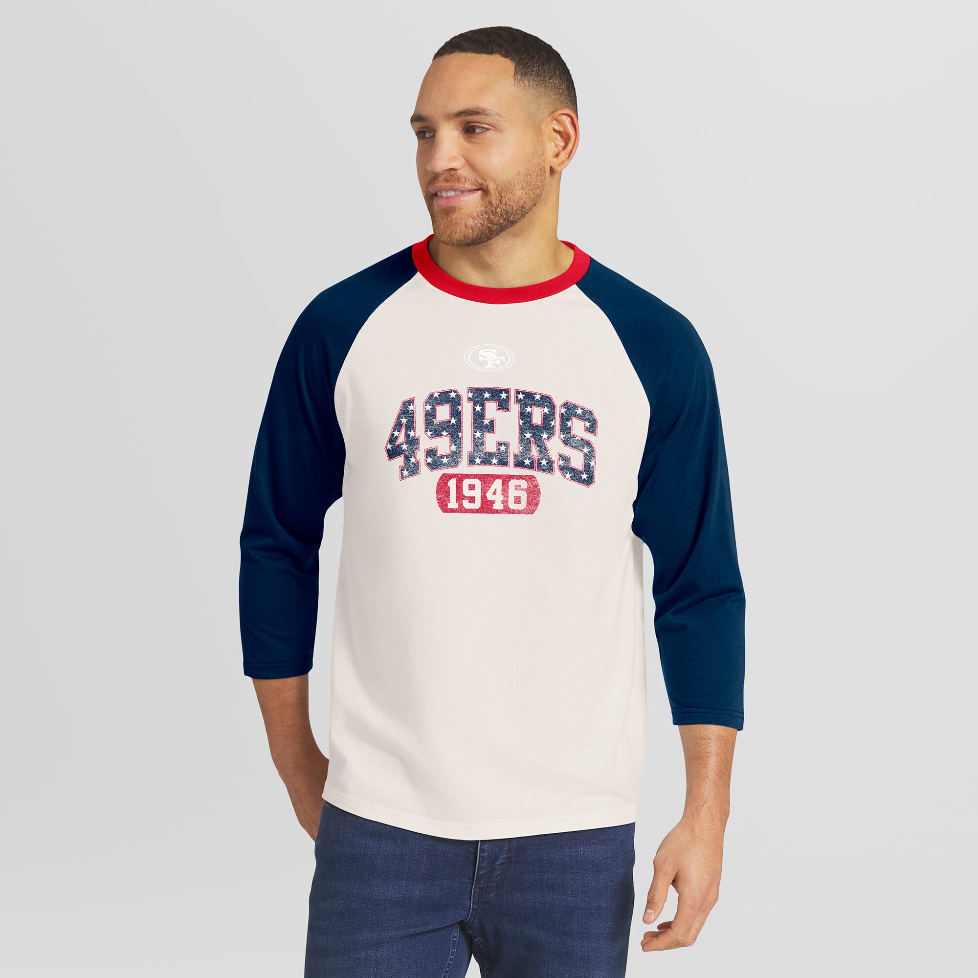 Men's Darius Rucker Collection by Fanatics  White/Navy San Francisco 49ers Americana 3/4 Sleeve Raglan T-Shirt
