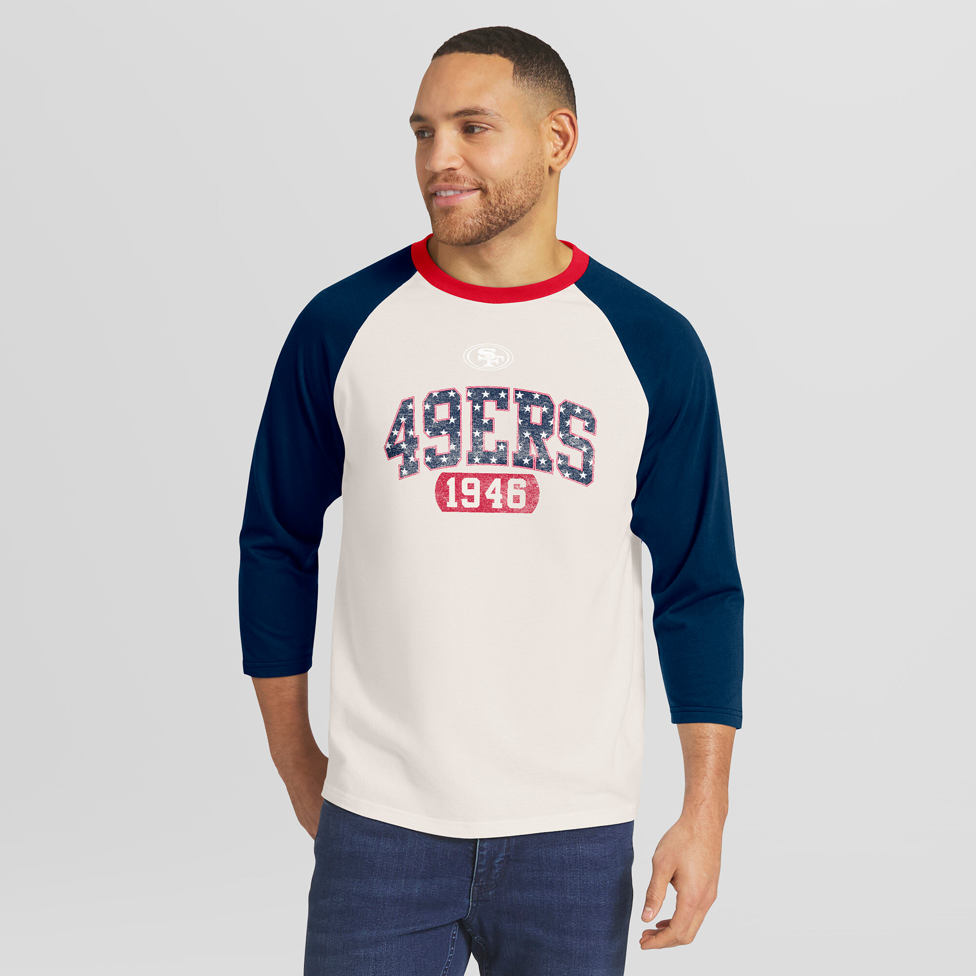 Men's Darius Rucker Collection by Fanatics White/Navy San Francisco 49ers Americana 3/4 Sleeve Raglan T-Shirt