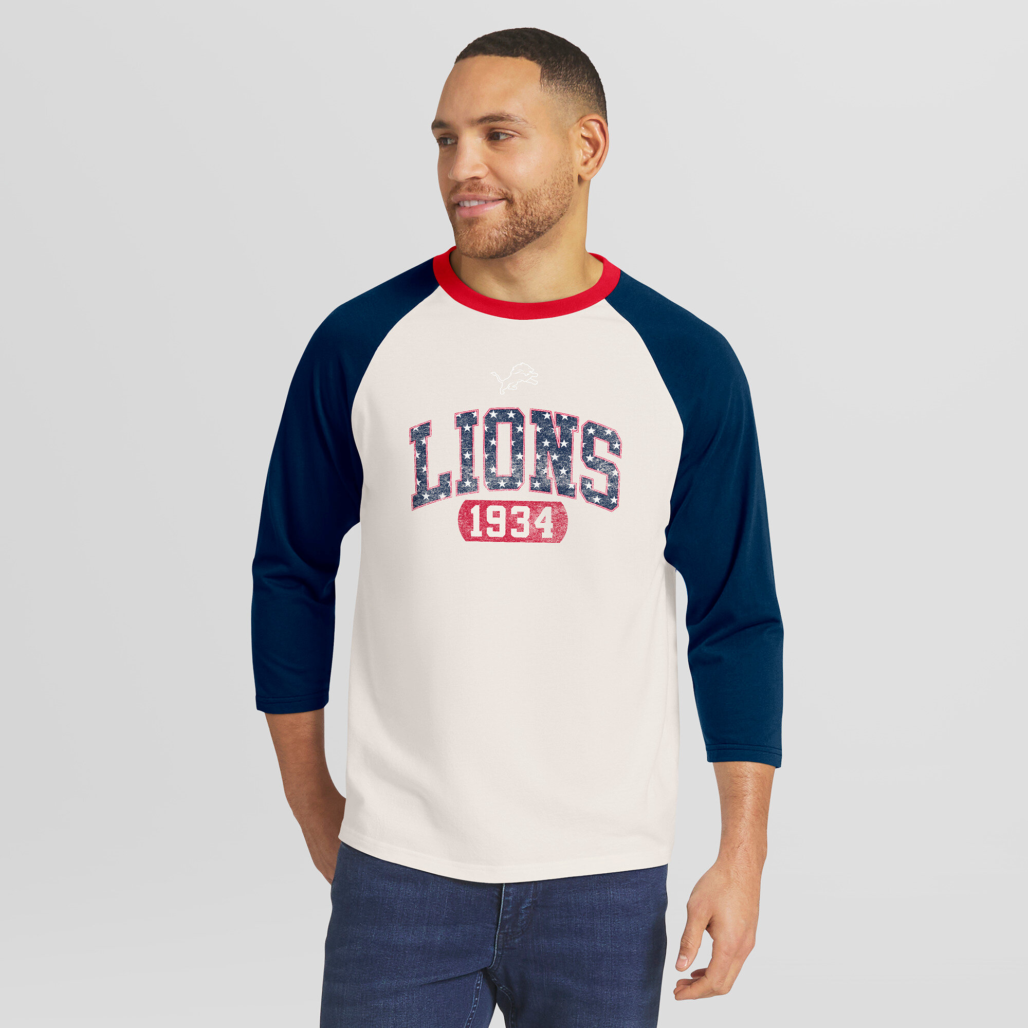 Men's Darius Rucker Collection by Fanatics  White/Navy Detroit Lions Americana 3/4 Sleeve Raglan T-Shirt