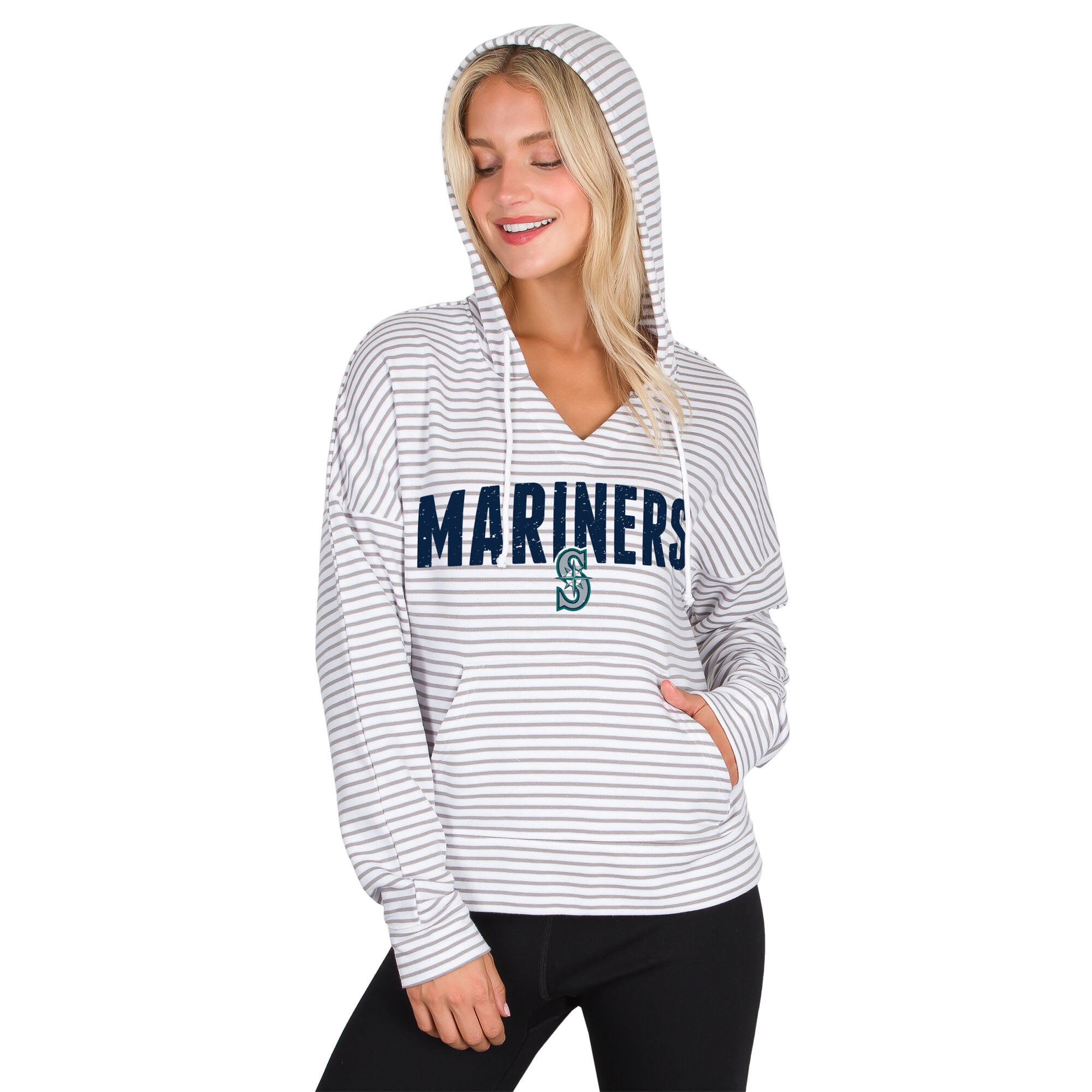 Women's Concepts Sport White/Gray Seattle Mariners Liftoff Striped V-Neck Hoodie