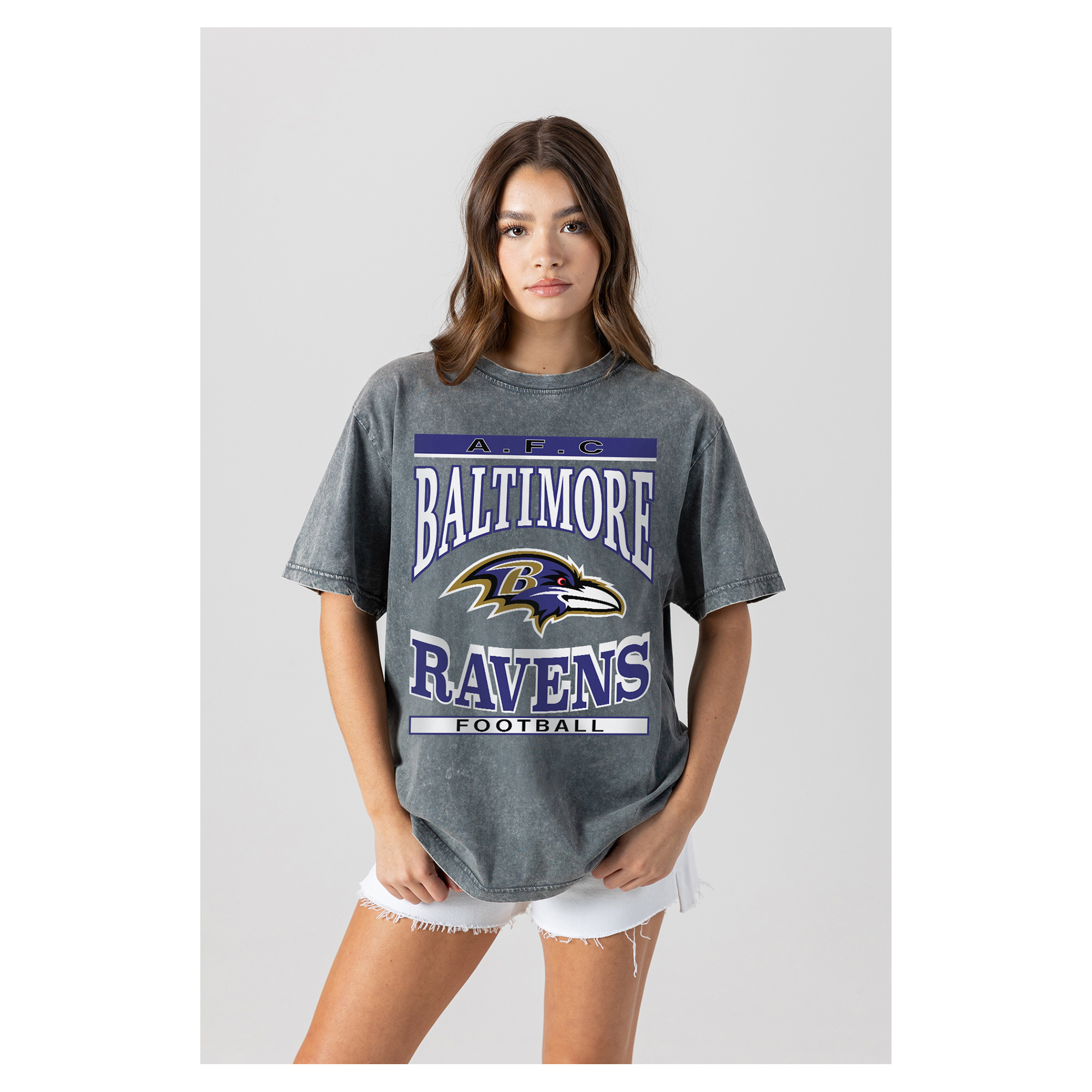 Women's Gameday Couture Gray Baltimore Ravens Oversized Classic Grind Washed T-Shirt