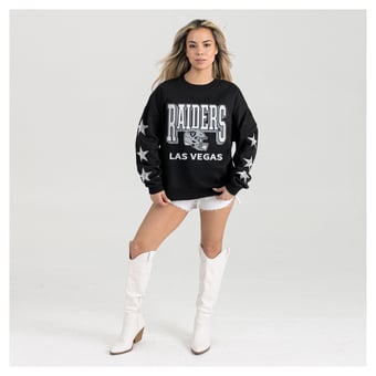 Women's Gameday Couture  Black Las Vegas Raiders Pure Victory Rhinestud Star-Sleeve Pullover Sweatshirt