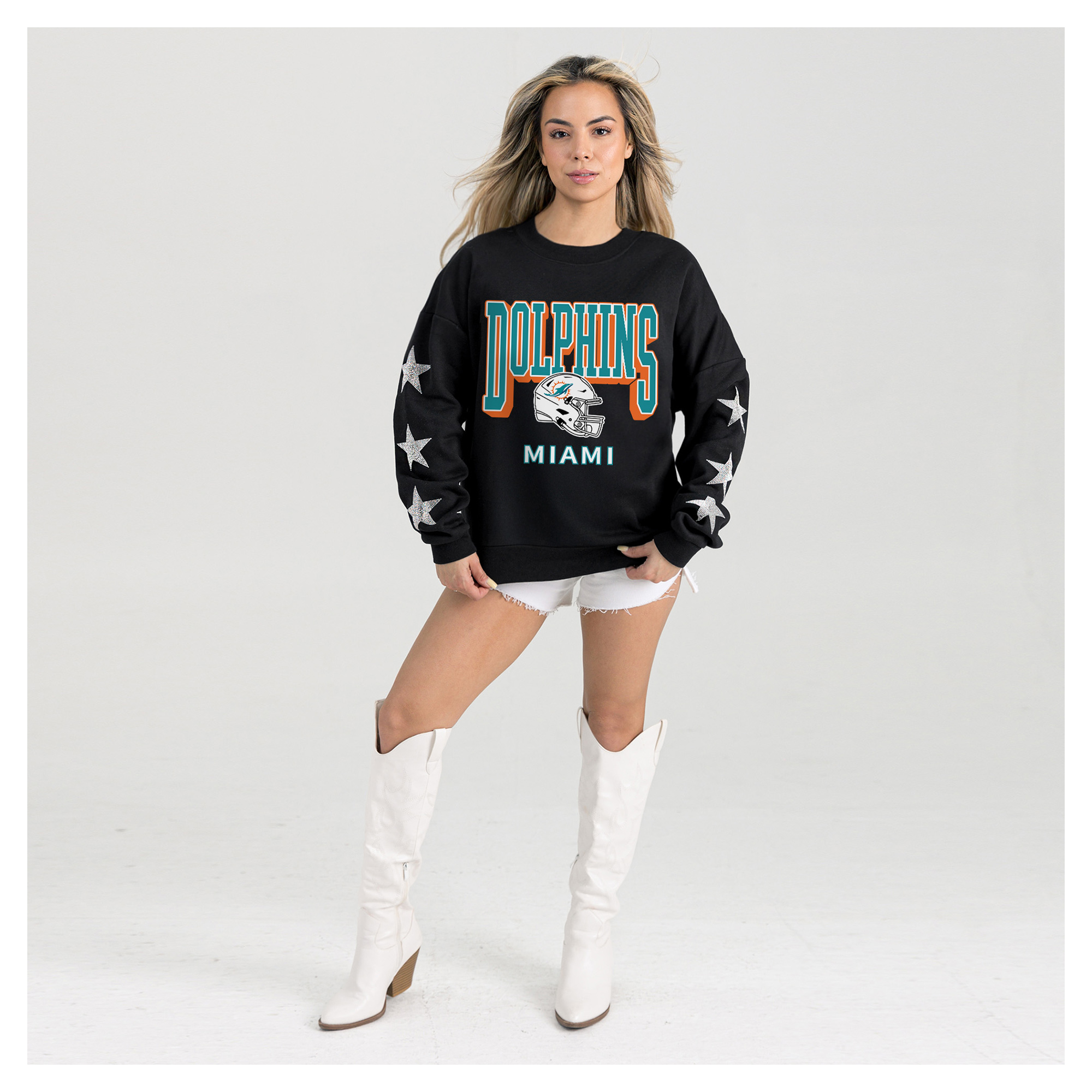 Women’s Gameday Couture Black Miami Dolphins Pure Victory Rhinestud Star-Sleeve Pullover Sweatshirt Women’s Gameday Couture Black Miami Dolphins Pure Victory Rhinestud Star-Sleeve Pullover Sweatshirt