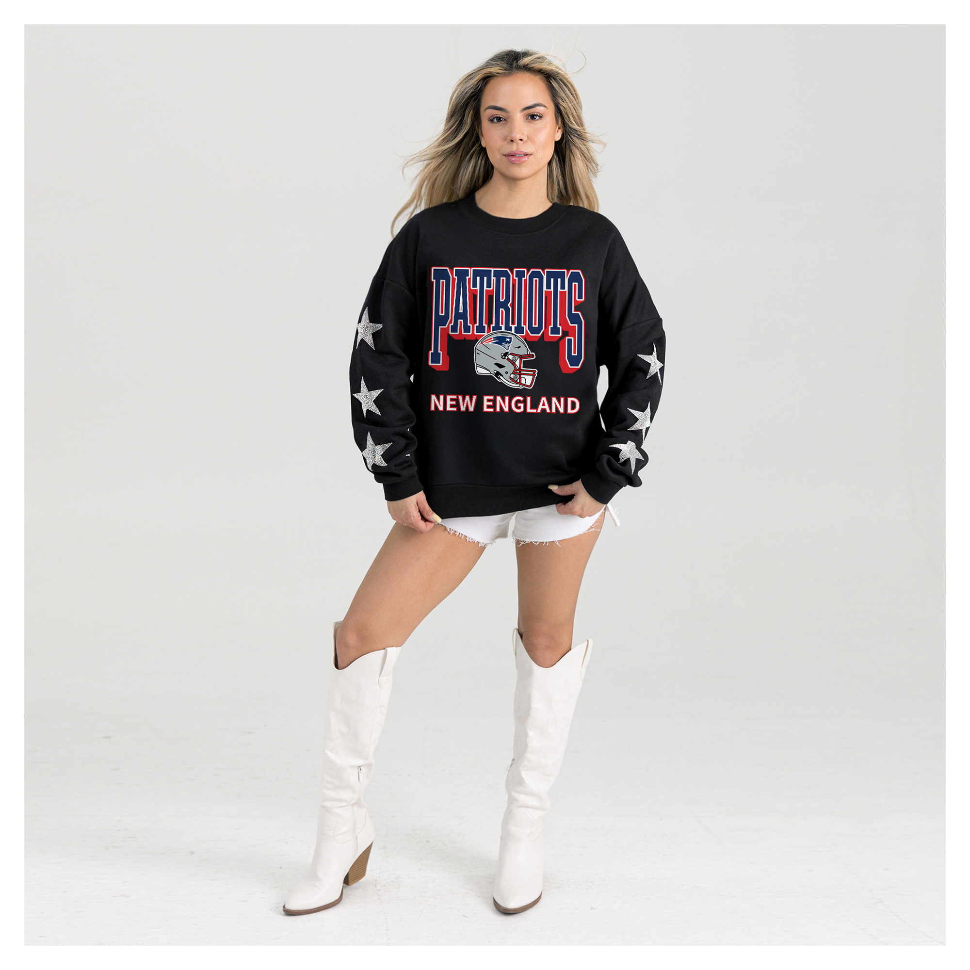 Gameday Couture Women's Black New England Patriots Pure Victory Rhinestud Star-Sleeve Pullover Sweatshirt - Black