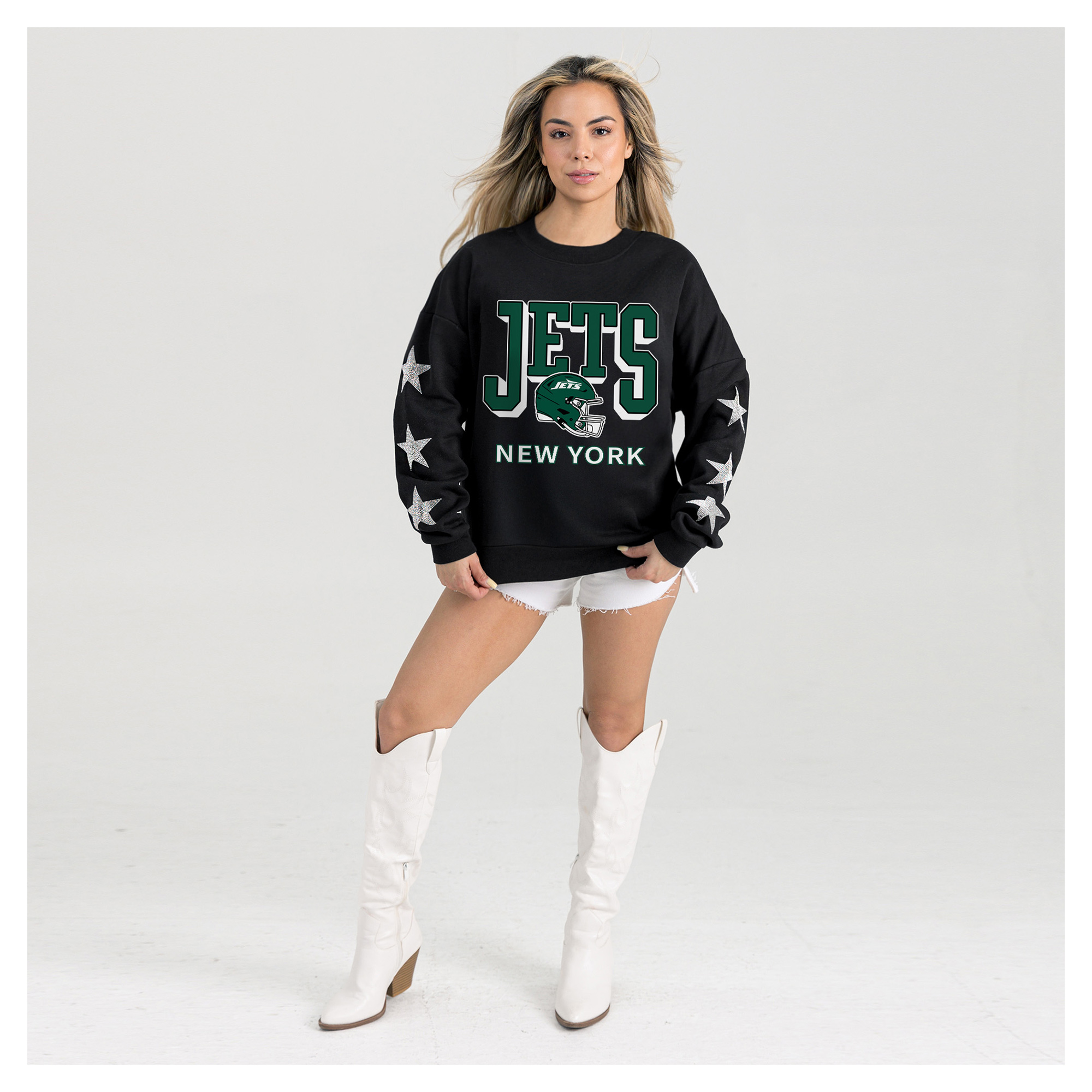 Women's Gameday Couture Black New York Jets Pure Victory Rhinestud Star-Sleeve Pullover Sweatshirt