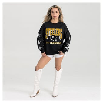 Women's Gameday Couture  Black Pittsburgh Steelers Pure Victory Rhinestud Star-Sleeve Pullover Sweatshirt