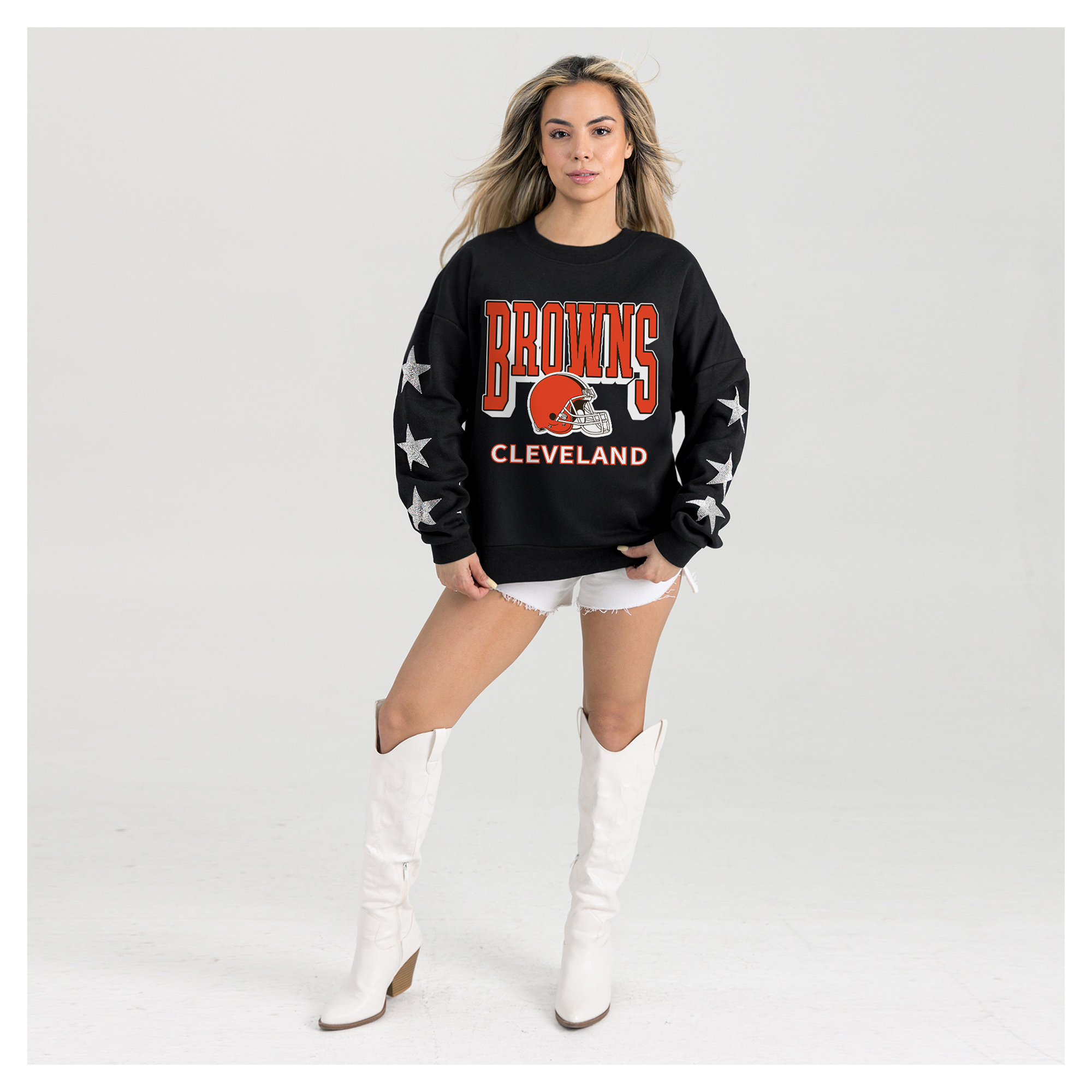 Women's Gameday Couture Black Cleveland Browns Pure Victory Rhinestud Star-Sleeve Pullover Sweatshirt