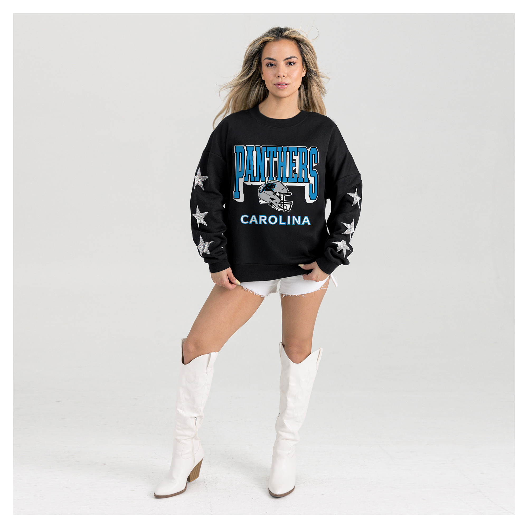 Women's Gameday Couture Black Carolina Panthers Pure Victory Rhinestud Star-Sleeve Pullover Sweatshirt