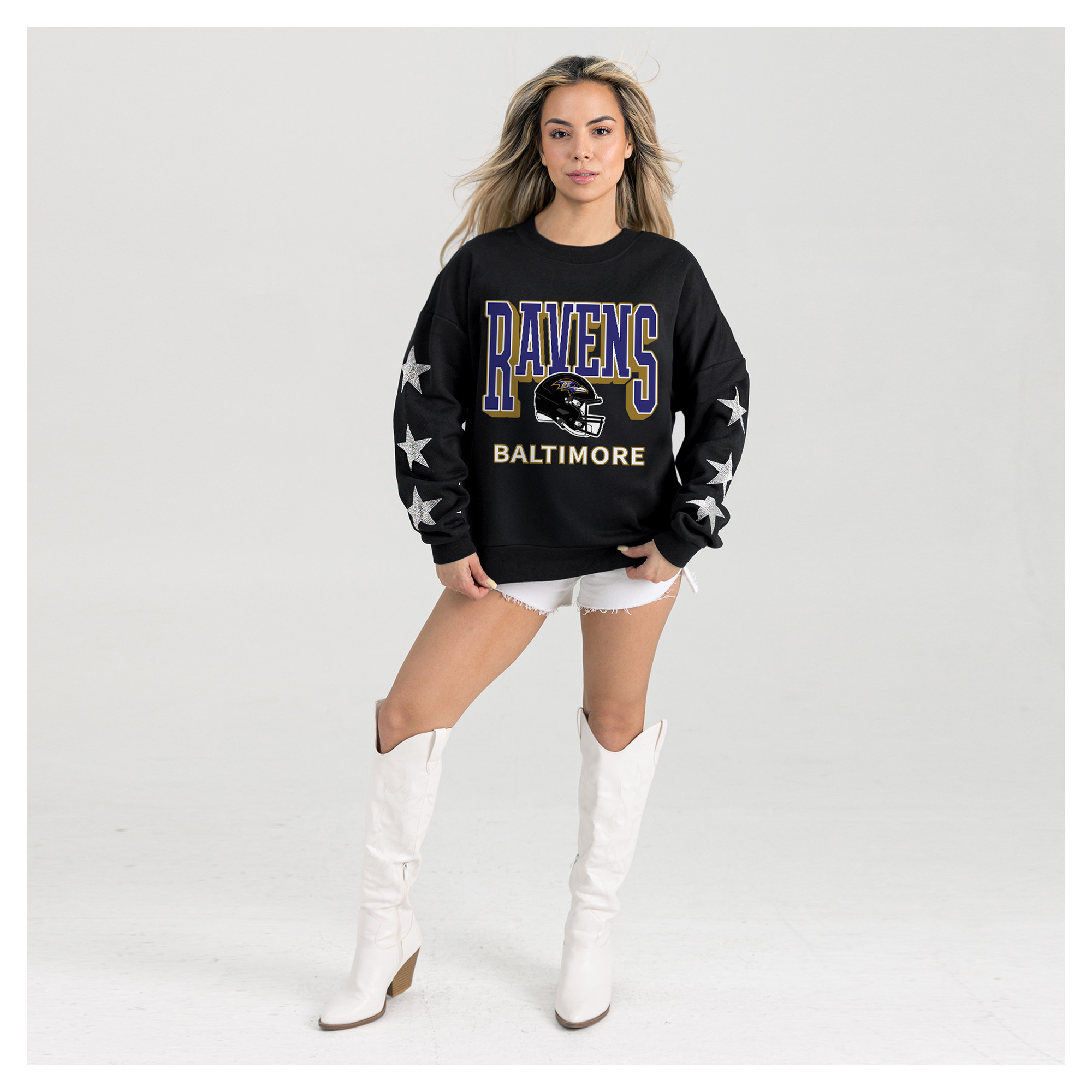 Gameday Couture Women's Black Baltimore Ravens Pure Victory Rhinestud Star-Sleeve Pullover Sweatshirt - Black